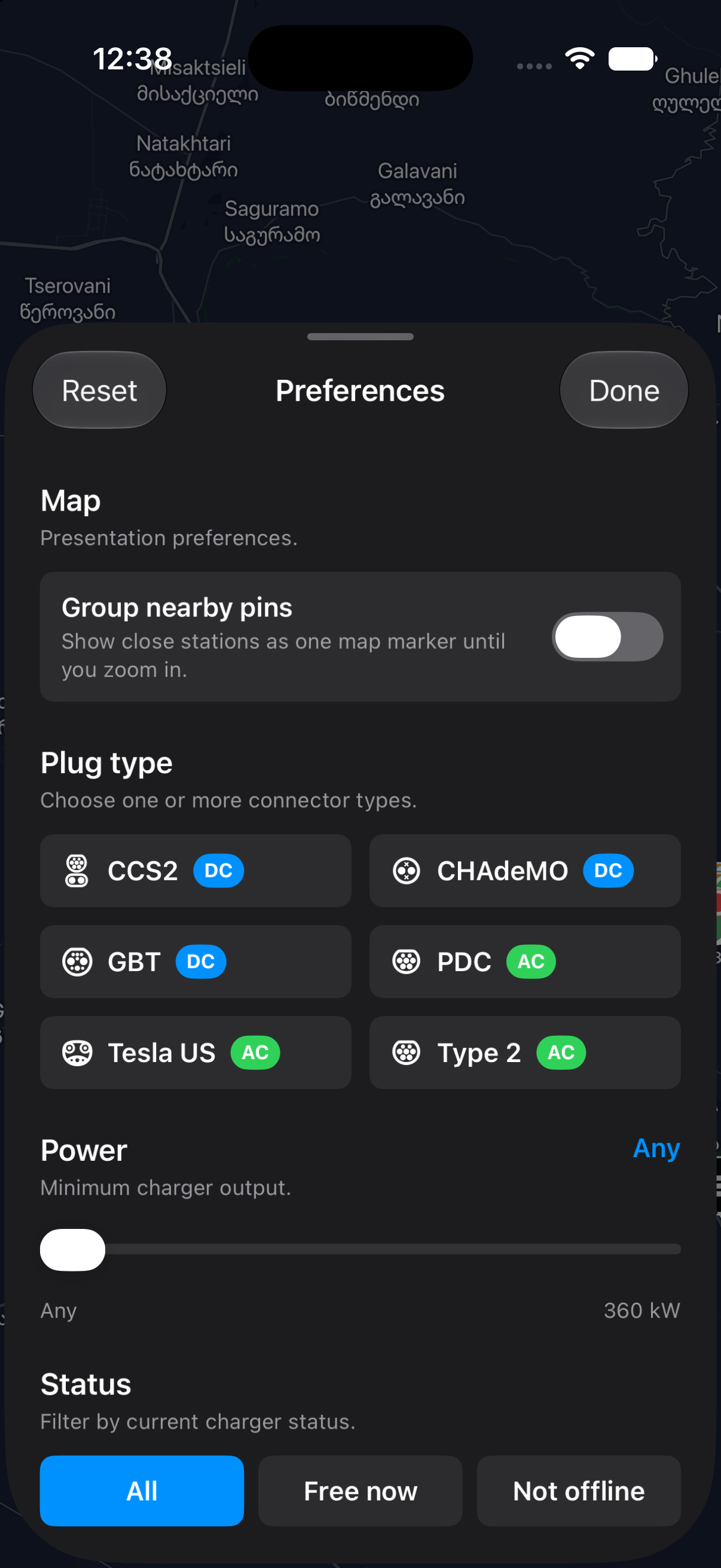 BlueEV dark map showing charging stations around Tbilisi