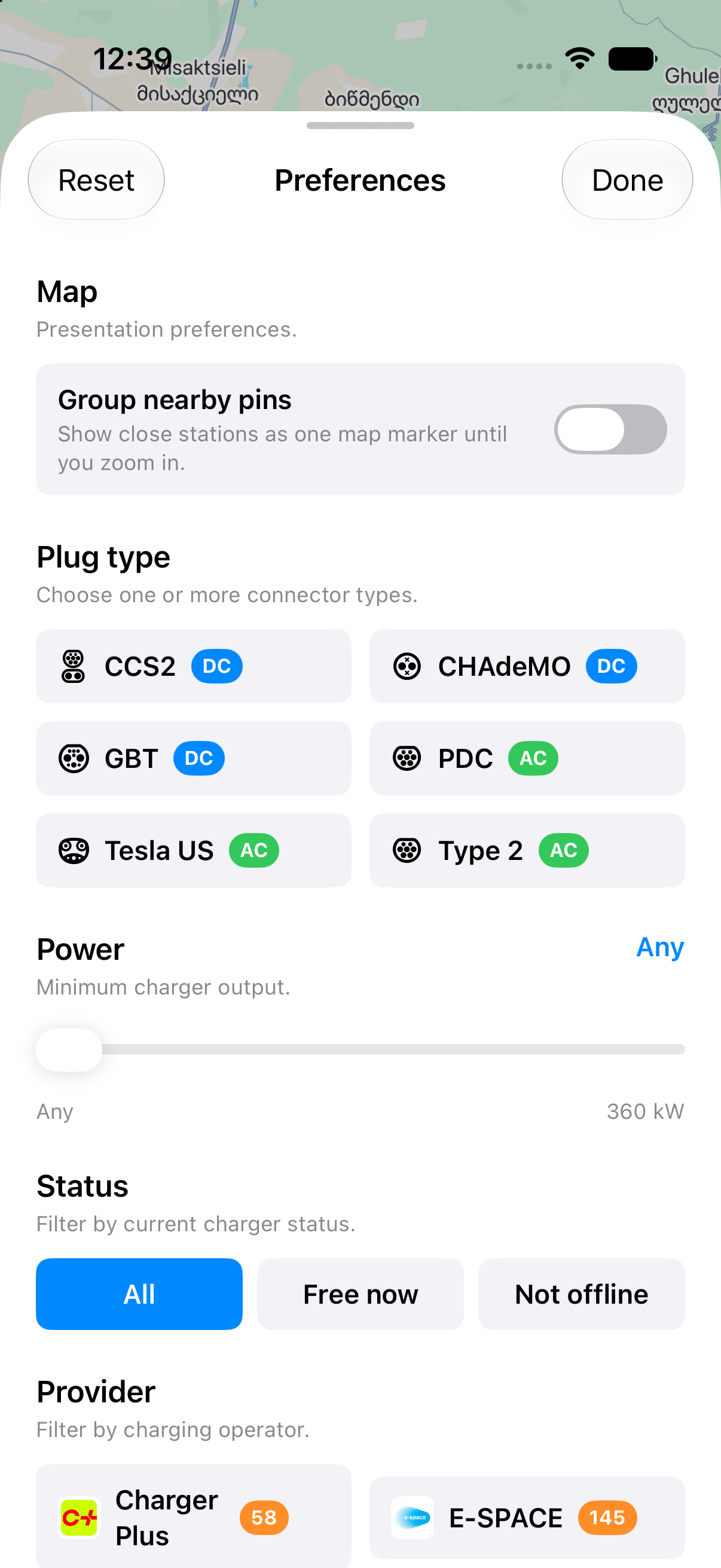 BlueEV map showing charging stations around Tbilisi